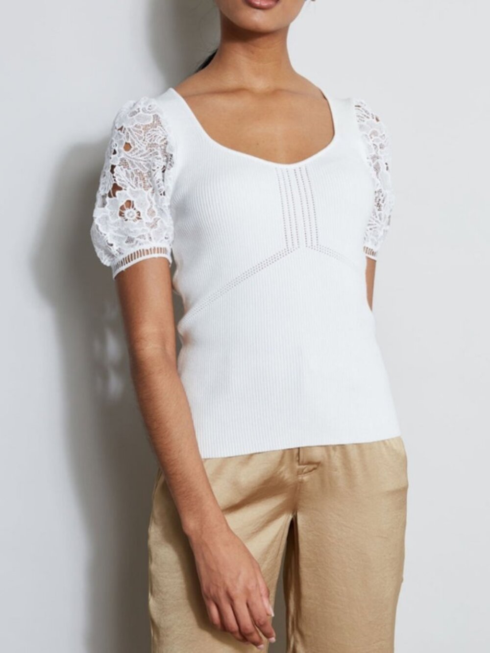 Elie Tahari The Arabella Ribbed Sky White Lace-Sleeve Sweater XL NWOT